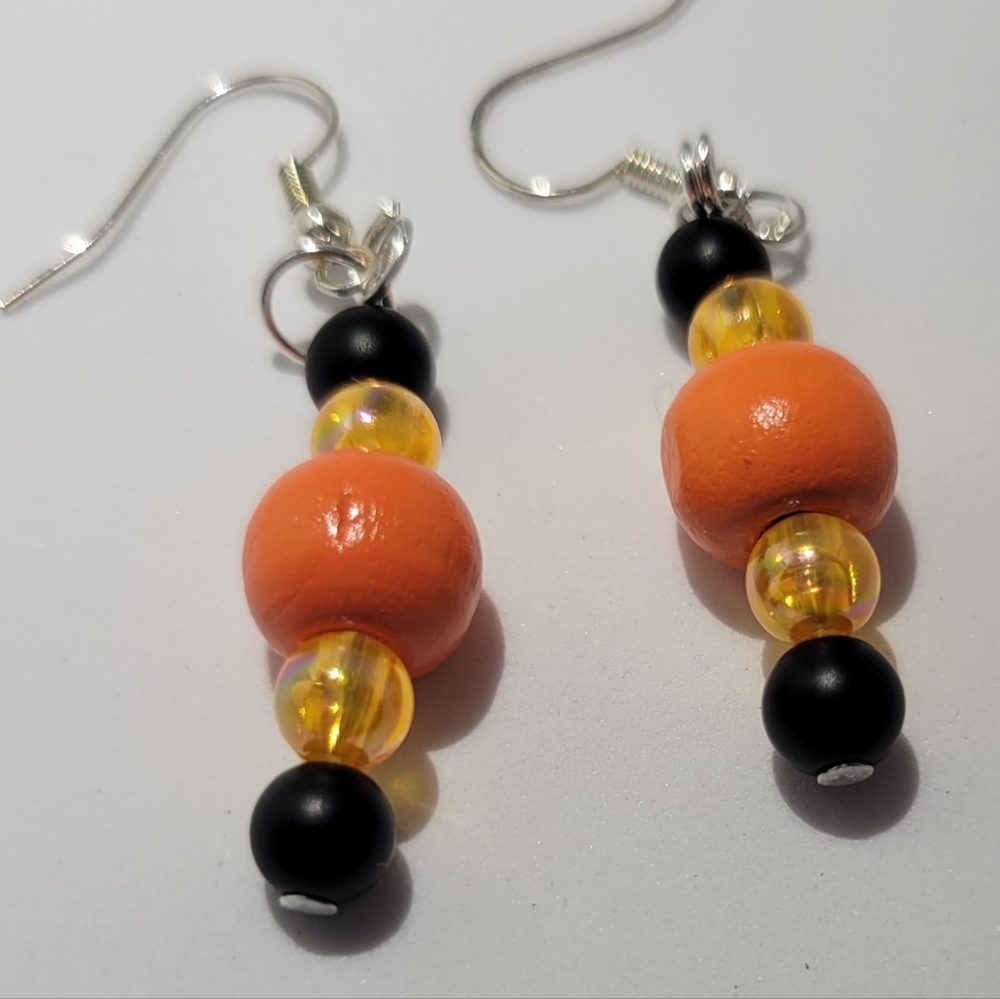 Black and Orange plain Orange wood bead earrings
